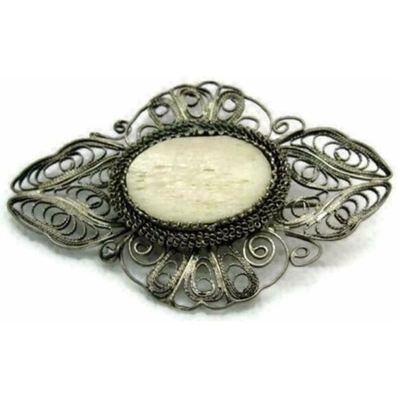 Sterling Silver Brooch 925 Womans Vintage Filigree Detailed Broad Stone Patina - Picture 1 of 10